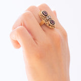 Anello vintage in oro giallo 18K con rubini e diamanti (0.10ctw ca.), anni '70