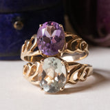 Coppia di anelli vintage in oro 9K con acquamarina (2.50ct ca .) e ametista (2.20ct ca.), anni ‘70/‘80