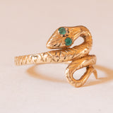 Anello antico a forma di serpente in oro giallo 18K con smeraldi, anni '10