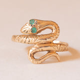 Anello antico a forma di serpente in oro giallo 18K con smeraldi, anni '10