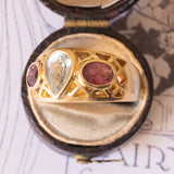 Anello vintage in oro giallo 18K con acquamarina e tormaline rosa, anni ‘60