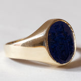 Anello antico da sigillo in oro 14K con lapislazzuli inciso, anni ‘30
