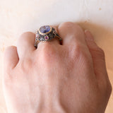 Anello vintage in stile antico in oro 18K e argento con zaffiro e rubini