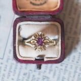 Anello a margherita vintage in oro 14K con rubini e diamanti (0.06ctw ca.), anni ‘60/‘70