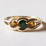 🎃 Anello trilogy vintage in oro 9K con cromodiopside e quarzi arancioni, anni ‘80