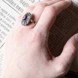 Anello a margherita vintage in stile antico in oro 18K e argento con rubino e diamanti