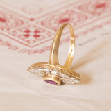 Antique navette ring in 18K gold with ruby and diamonds (0.14ctw approx.), 1930s / 40s