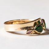Anello vintage in oro 18K con paste di vetro verdi e rubini, anni ‘70
