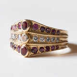Anello “triplo” vintage in oro 18K con diamanti (0.30ctw ca.) e rubini, anni ‘70