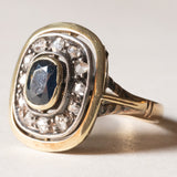 Anello vintage a margherita in oro 18K e argento con zaffiro e diamanti di taglio rosetta, anni '50