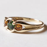 🎃 Anello trilogy vintage in oro 9K con cromodiopside e quarzi arancioni, anni ‘80
