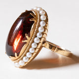 đ Anello vintage in oro 18K con ambra e perline, anni '50