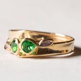 Anello vintage in oro 18K con paste di vetro verdi e rubini, anni ‘70