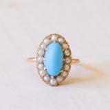 Bague Turquoise Antique en Or 18K et Perles, 1930s