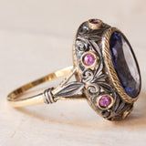 Anello vintage in stile antico in oro 18K e argento con zaffiro e rubini