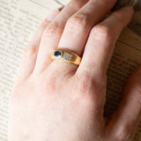 Anello vintage in oro 18K con topazio blu e diamanti (0.56ctw ca.), anni ‘70/‘80