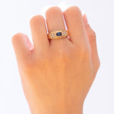 Anello vintage in oro giallo 18K con topazio blu e diamanti (0.56ctw ca.), anni '70/'80