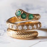 Anello a serpente vintage in oro giallo 18K con smeraldi e diamanti (0.60ctw ca.), anni ‘60