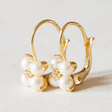 Orecchini vintage in oro giallo 18K con perle bianche e zirconi, anni ‘50/‘60