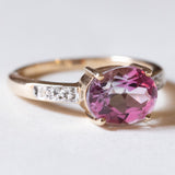 Anello vintage in oro 9K con spinello rosa e diamanti, anni ‘80