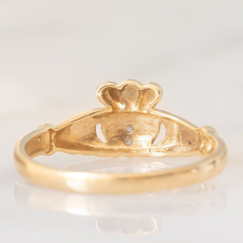 Anello Claddagh vintage in oro giallo e bianco 9K con diamante