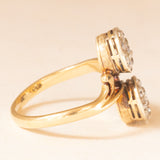 Bague Toi et Moi vintage en or jaune et blanc 18 carats avec diamants taille ancienne (environ 0.50 ct), années 50