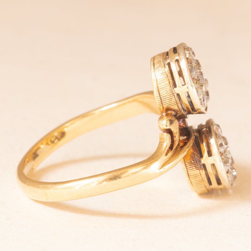 Anello Toi et Moi vintage in oro giallo e bianco 18K con diamanti di taglio vecchia miniera (0.50ctw ca.), anni ‘50