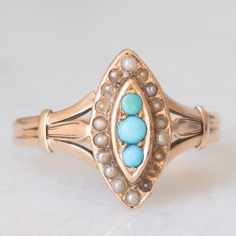 Anello a navette antico in oro giallo 14K con turchesi e perline, primi del ‘900