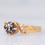 Anello a fiore vintage in oro giallo 9K con zaffiri e diamanti, anni ‘90