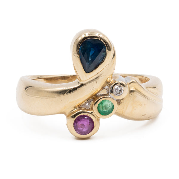 Anello vintage in oro giallo 14k con zaffiro, rubino, smeraldo e diamante. Anni '70