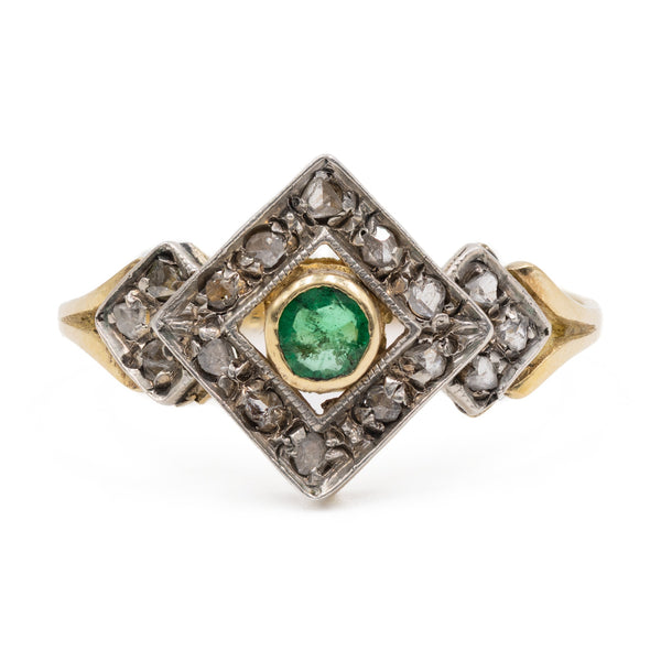 Anello vintage in oro giallo 18k e argento con smeraldo e diamanti