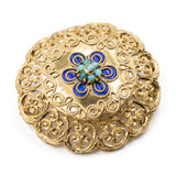 Spilla in oro giallo 18k con smalti e turchesi, anni '50