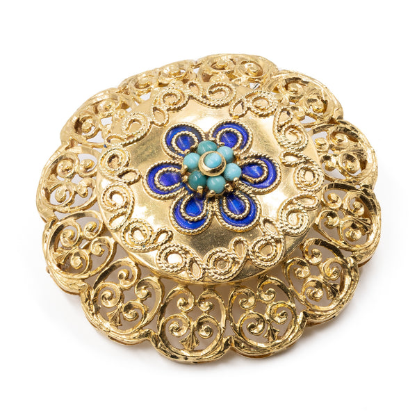 Spilla in oro giallo 18k con smalti e turchesi, anni '50