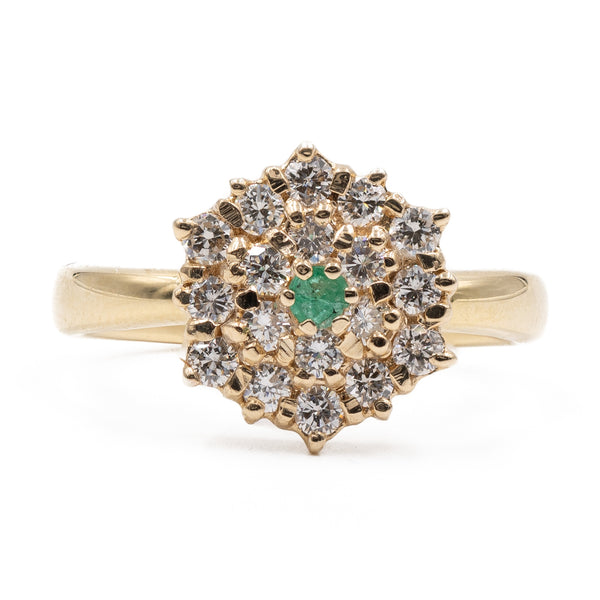 Anello vintage in oro giallo 14k e 18k con diamanti (0,50ctw) e smeraldo