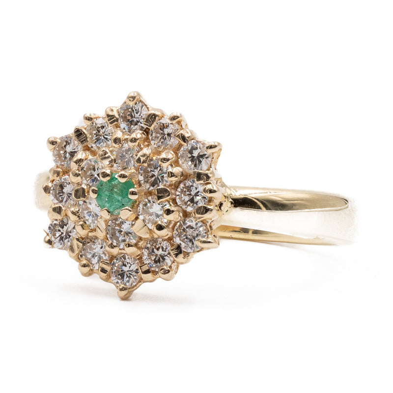 Anello vintage in oro giallo 14k e 18k con diamanti (0,50ctw) e smeraldo