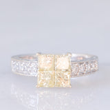 Anello vintage in oro bianco 18K con diamanti fancy gialli (1.23ctw) e diamanti bianchi (0.22ctw), anni ‘80/‘90