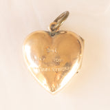 Pendentif photo vintage en forme de coeur avec feuille d'or jaune 9K sur métal, années 50/60