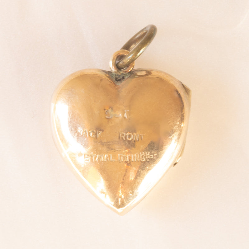 Ciondolo portafoto vintage a forma di cuore con lamina in oro giallo 9K su metallo, anni ‘50/‘60