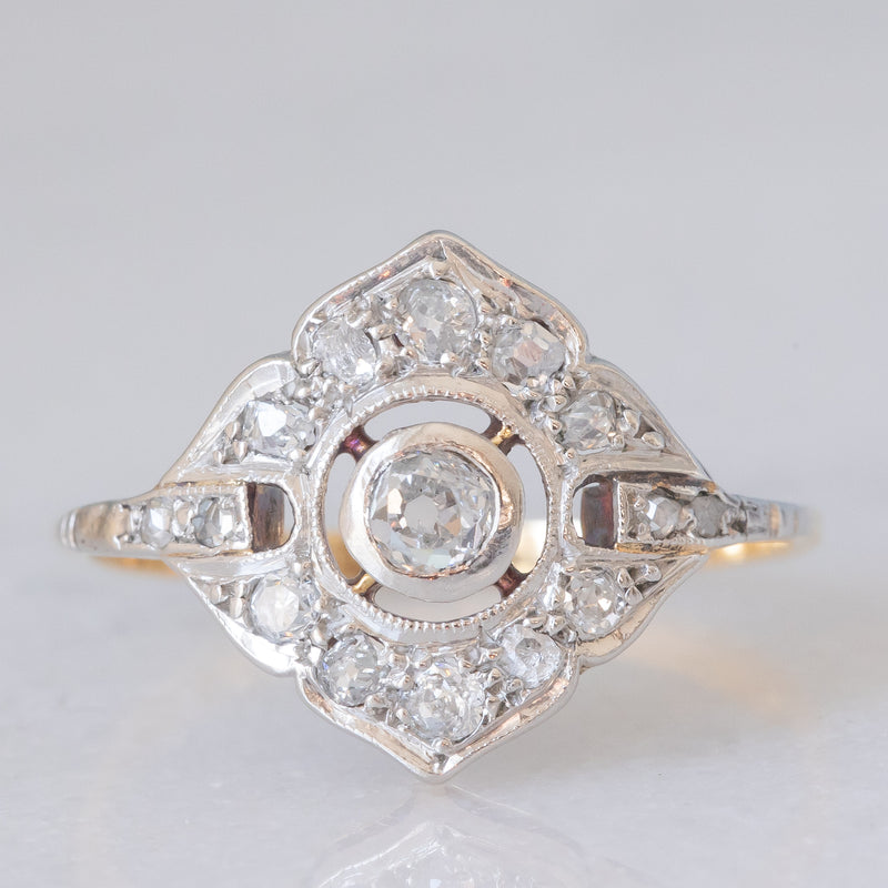 Anello Art Déco in oro giallo e bianco 14K con diamanti di taglio vecchia miniera e di taglio rosetta (0.30ctw ca.), anni ‘30
