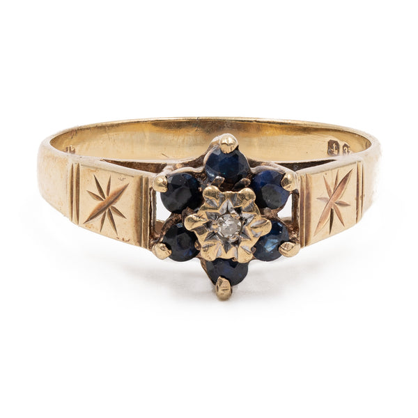 Anello vintage in oro giallo 9k con zaffiri e diamante