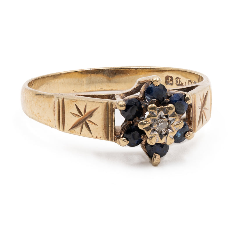 Anello vintage in oro giallo 9k con zaffiri e diamante