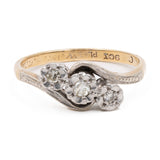 Anel vintage em ouro amarelo 9K e prata com design de três peças e diamantes.