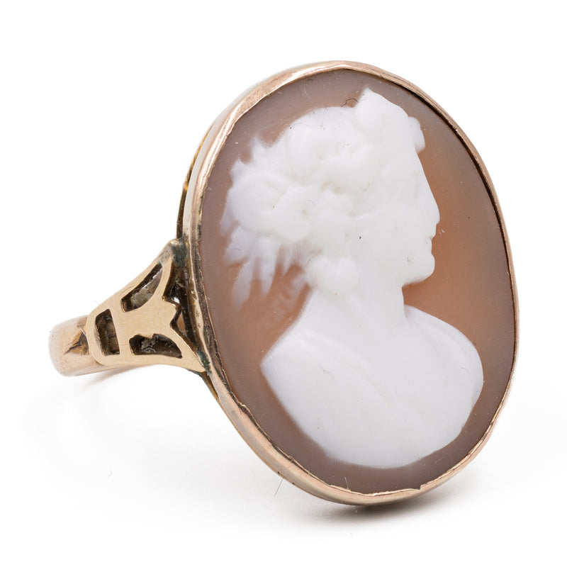 Anello vintage in oro giallo 9K con cammeo su conchiglia, anni '50