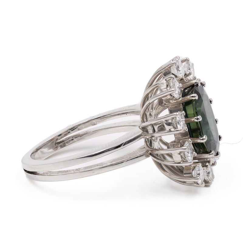 Anello vintage a margherita in oro bianco 14k con zaffiro (2,80ct) e diamanti (0,80ctw), anni '70