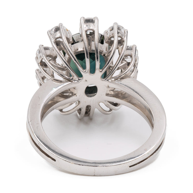 Anello vintage a margherita in oro bianco 14k con zaffiro (2,80ct) e diamanti (0,80ctw), anni '70