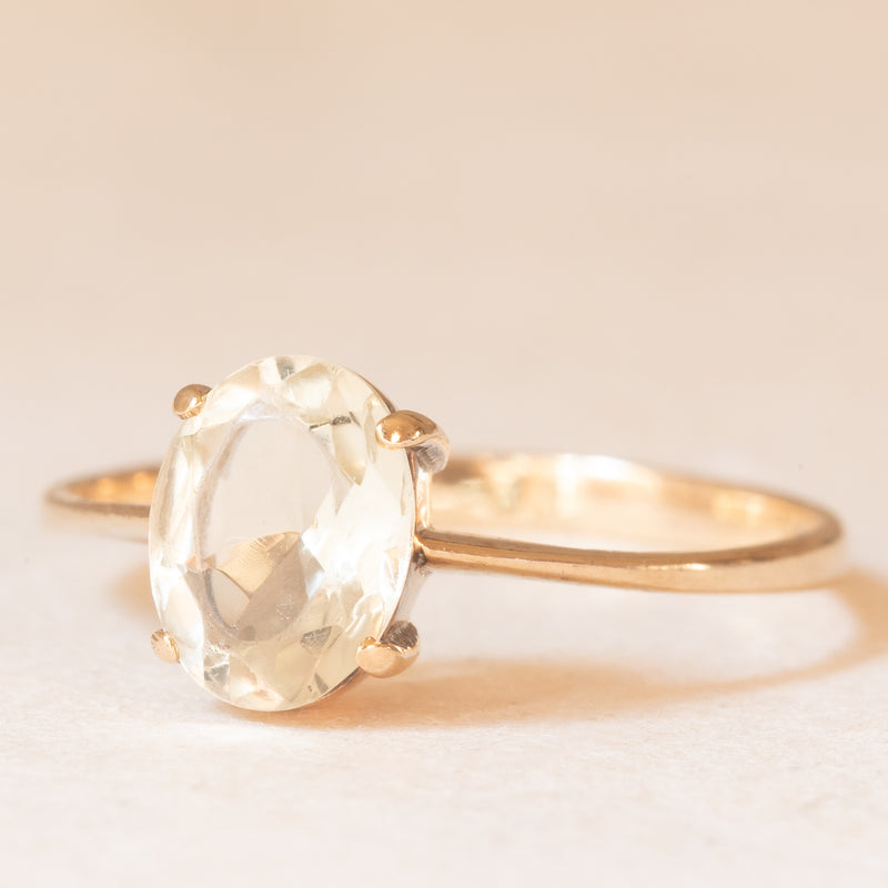 Solitario vintage in oro giallo 9K con quarzo citrino (1ct ca.), anno 1981