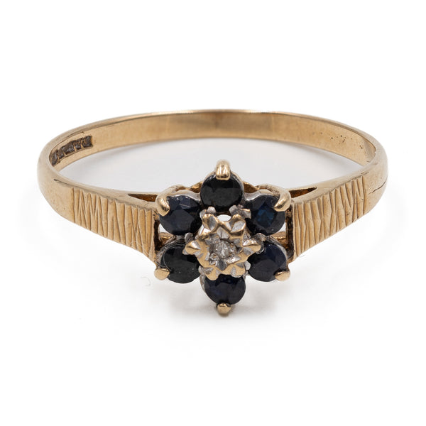 Anello vintage in oro giallo 9k, zaffiri e diamante