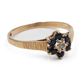 Anello a fiore vintage in oro giallo 9K con zaffiri e diamante
