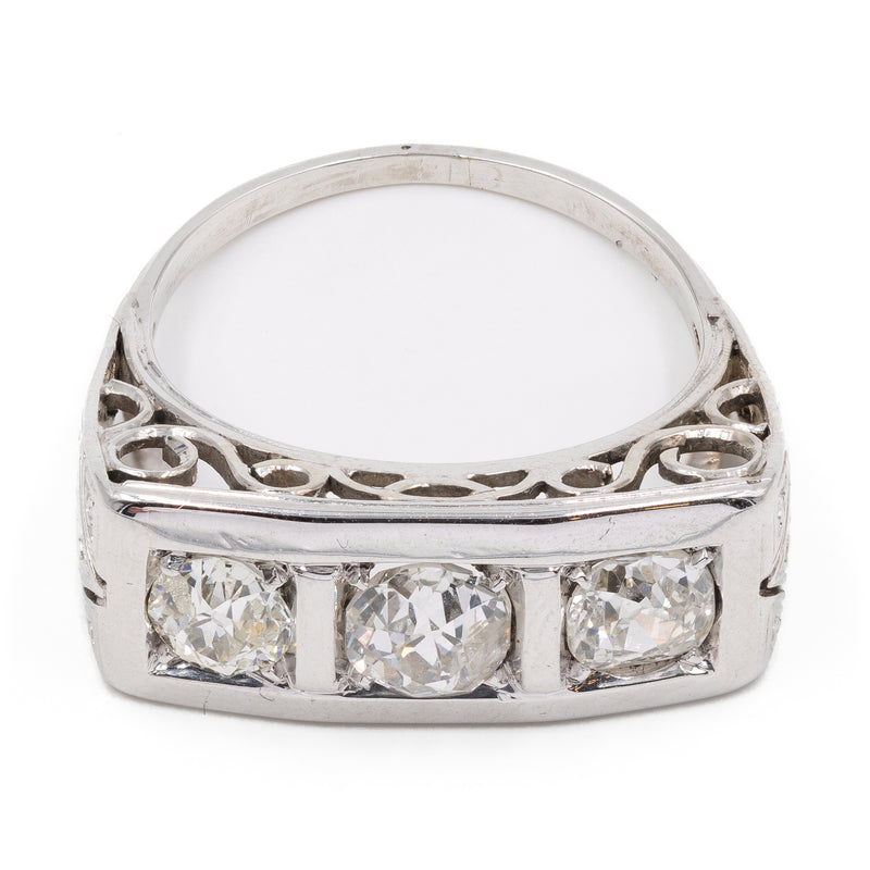 Anello trilogy Art déco in oro bianco 18k e diamanti (1,60ctw), anni '30/'40