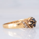 Anello a fiore vintage in oro giallo 9K con zaffiri e diamanti, anni ‘90